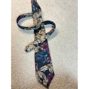 Reed St James Mens Floral Silk Necktie Navy Blue Burgundy Gold Design Made in US